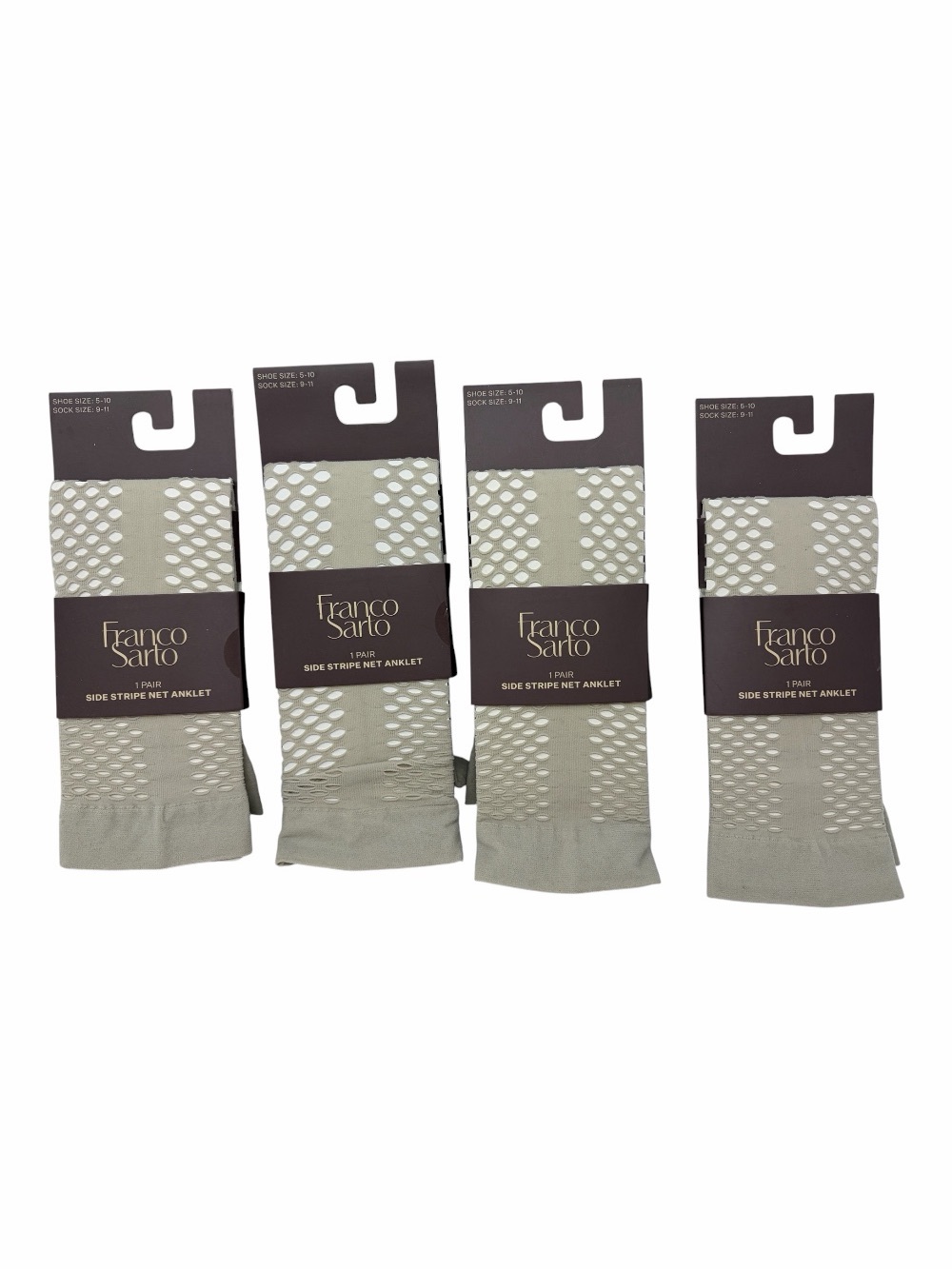 Lot of (4) Pairs Franco Sarto Anklet Socks Side Stripe Beige Taupe Textured NEW